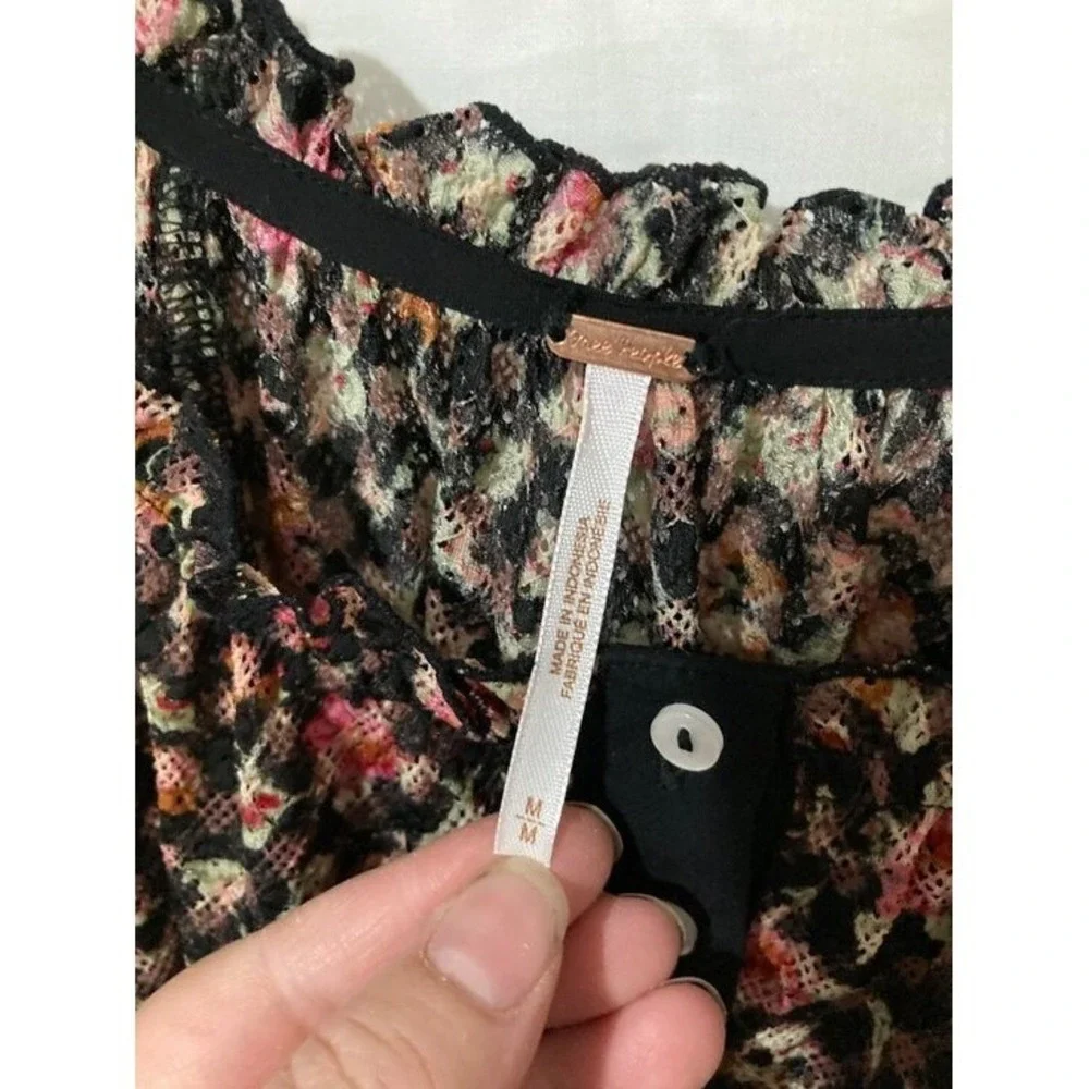 Free People Floral Mesh Blouse Womens Size Medium Black Pink Boho Core 90s Magic